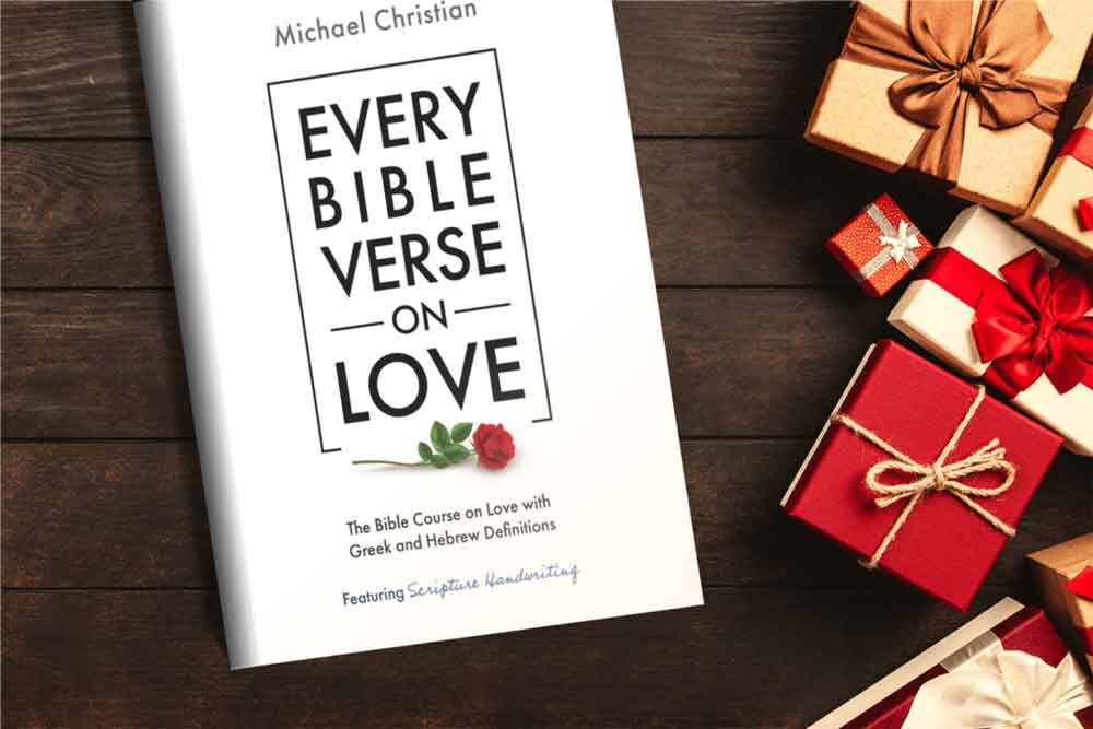 Mockup photo of the book Every Bible Verse on Love with several small wrapped Christmas presents